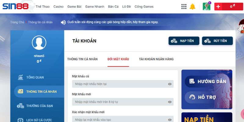 Thay đổi thông tin cá nhân nhanh chóng tại Sin88 