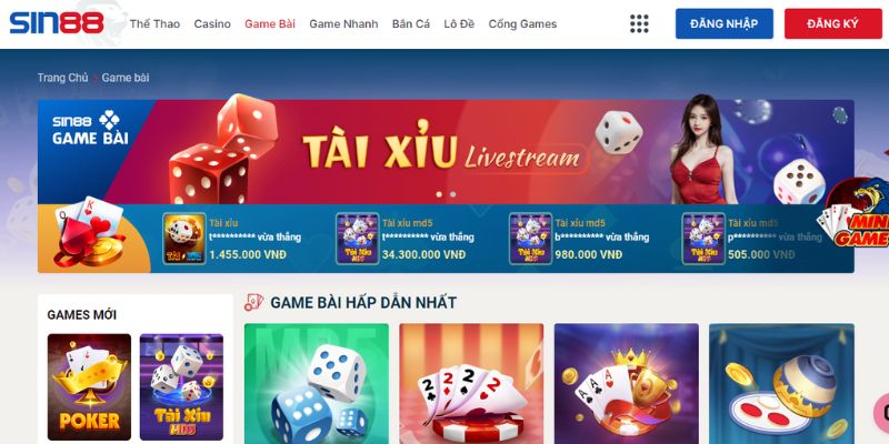 Những tựa game bài cực hot có tại sảnh chơi Sin88