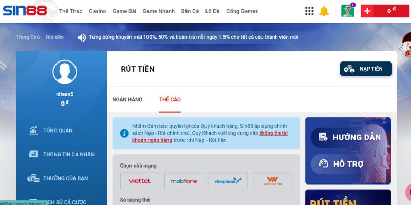 Chi tiết cách rút tiền nhanh chóng tại website Sin88 